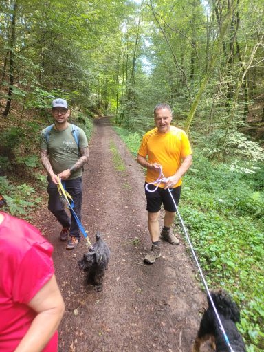 Zwei Männer mit Hunden auf einem Waldweg, umgeben von grüner Natur.
