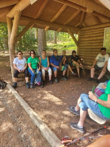 Gruppe von Menschen sitzt unter einem überdachten Holzbereich im Wald.