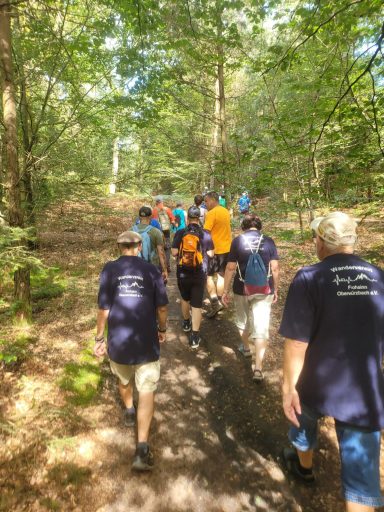 Gruppe von Menschen wandert auf einem schmalen Waldweg.