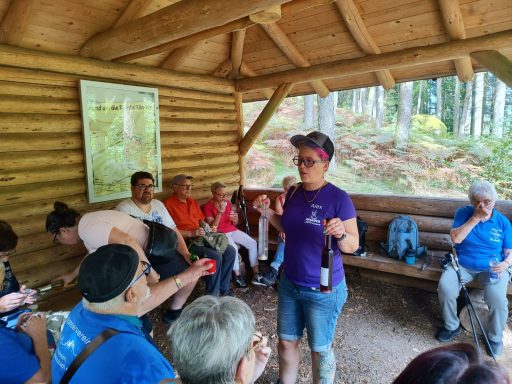 Eine Gruppe von Menschen in einer Holzlaube, während eine Person spricht und Bier hält.