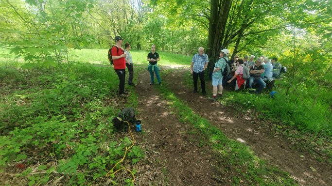 Gruppe von Menschen im Wald, etwas abseits stehen und sitzen, ein Hund nähert sich.
