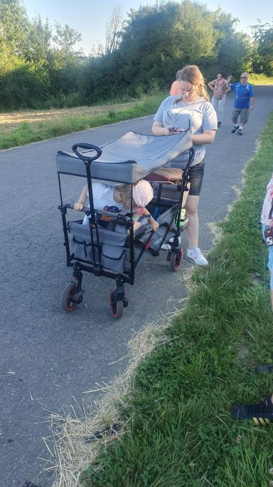 Frau schiebt einen Wagen mit zwei Kindern auf einem Weg, umgeben von Gras und Bäumen.