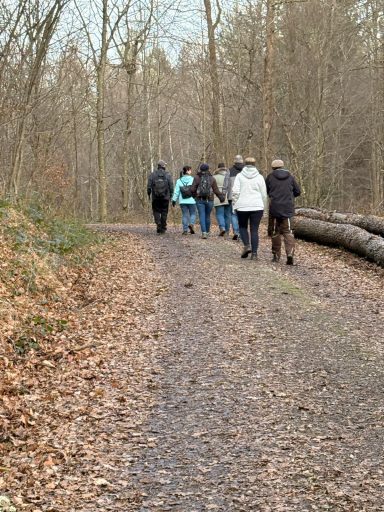 Gruppe von Personen auf einem Waldweg, umgeben von Laub und Bäumen.