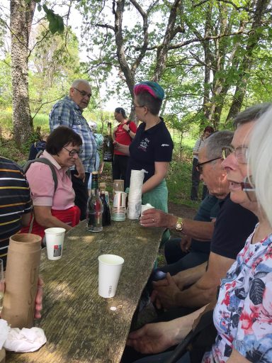 Gruppengespräch unter Bäumen, mit Getränken auf einem Tisch im Freien.