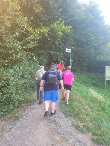 Gruppenspaziergang auf einem schmalen Weg durch die Natur, umgeben von Bäumen.